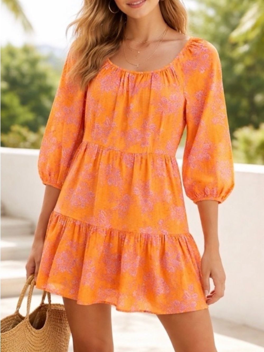 J Crew Scoopneck Mini Dress Size 10 Orange Pink Floral 3/4 Puff Sleeve Tiered
